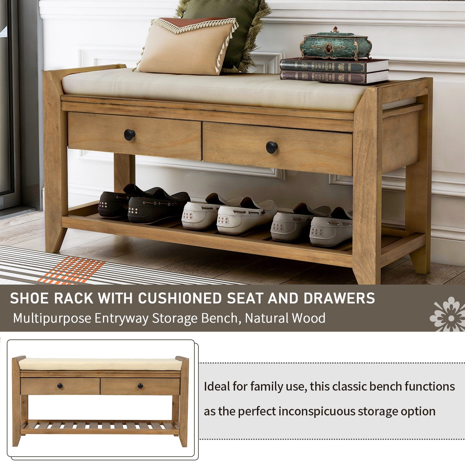 Harper & Bright Designs Shoe Rack with Cushioned Seat and Drawers, Multipurpose Entryway Storage Bench, Old Pine
