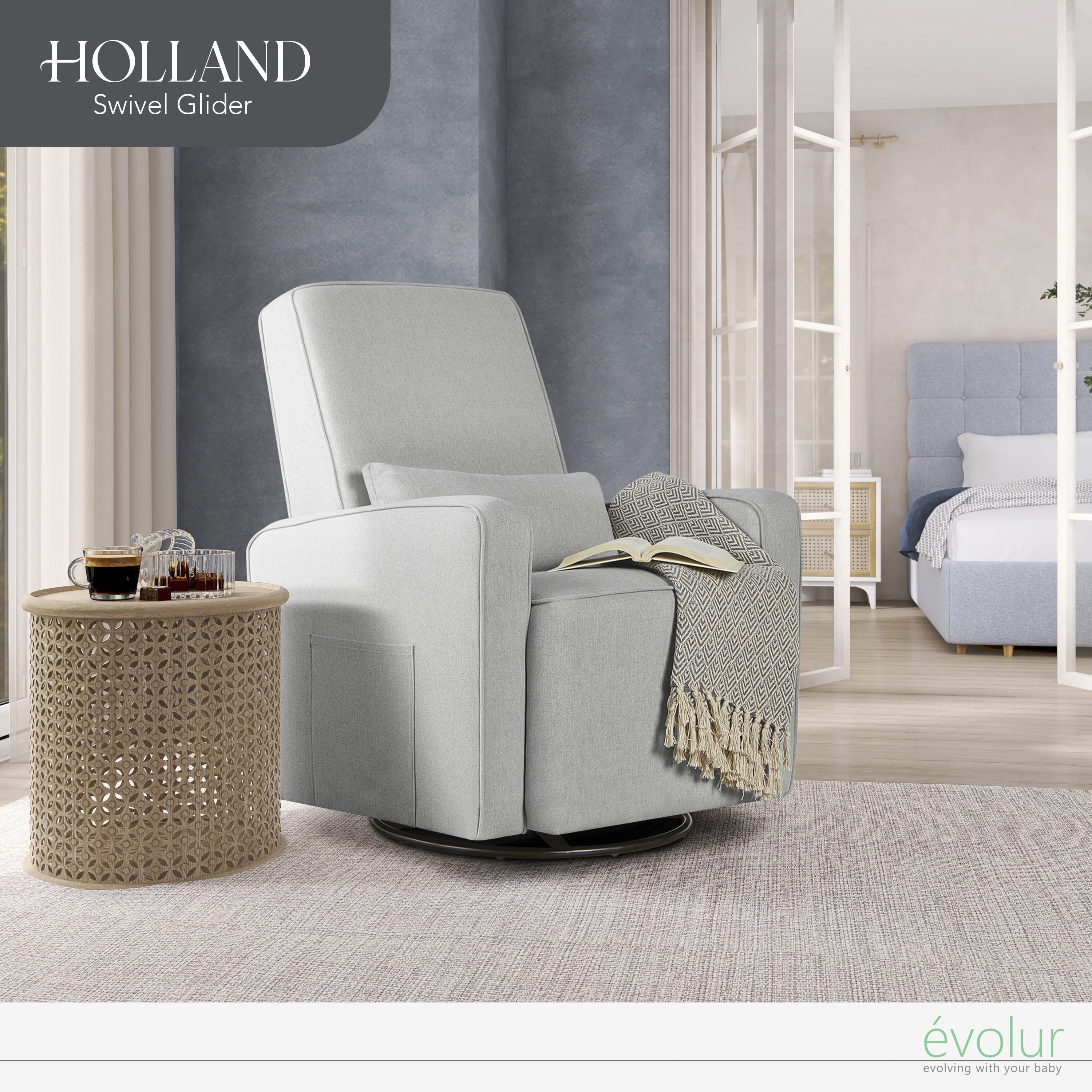 Evolur Holland Upholstered Swivel Glider | Rocker I Included Lumbar Pillow I Modern Design, Harbor