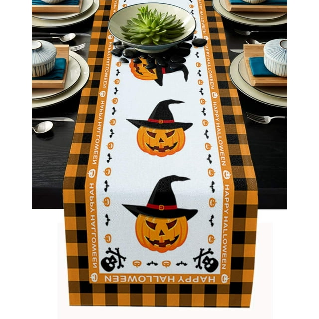 Halloween Table Runner, Pumpkin Truck Orange Plaid Rustic Table Runner for Holiday Birthday Party Kitchen Dining Table Home Decor,