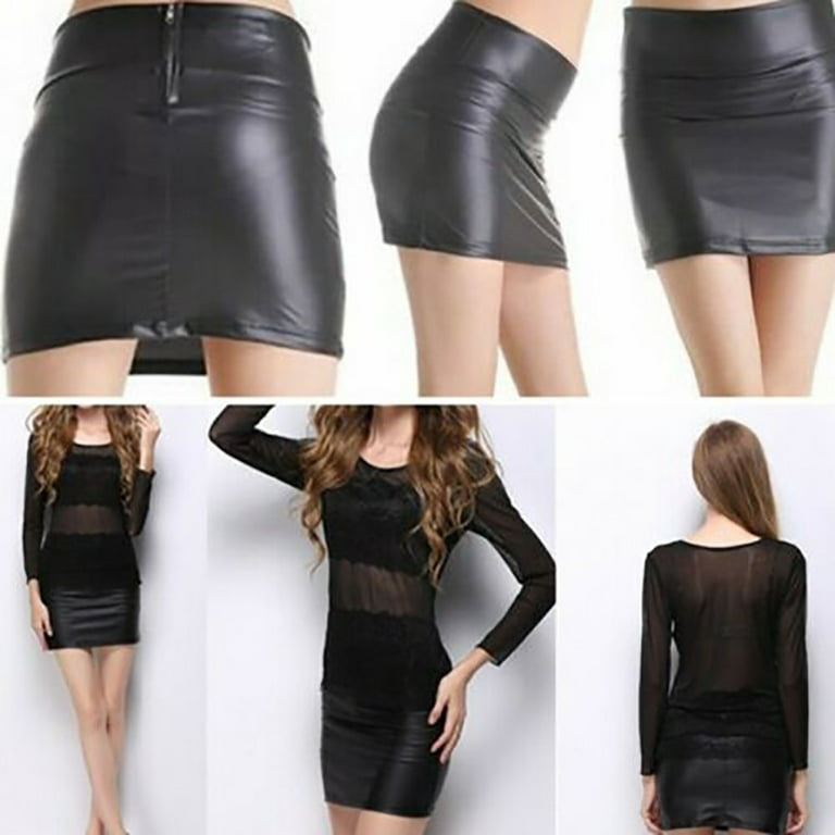 ALSLIAO Womens Black PU Leather High Waist Tight Zip Stretch Mini-skirt  Dress Skirts New Black XL 