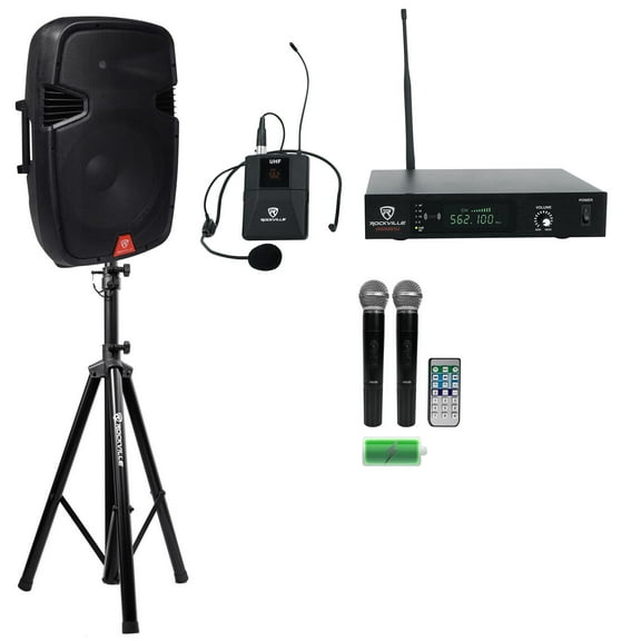 Rockville RAM15BT 15"Bluetooth Rechargeable 800W PA Speaker Headset 2 Mics Stand