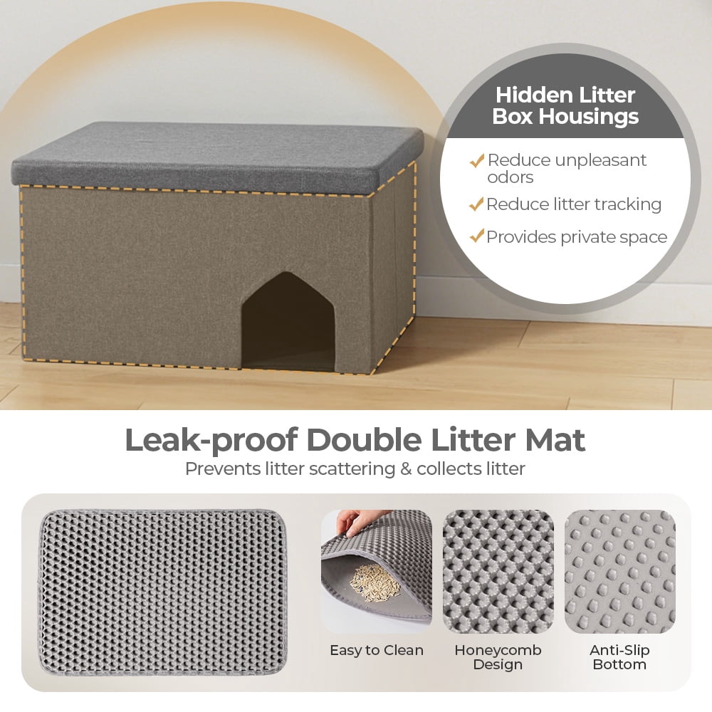 Cat Litter Box Enclosure Hidden Furniture, DOMIPET Foldable Cat Washroom Bench with Storage Space, Large Cabinet Cats Litter Ottoman for Odor Control, Dog Poof