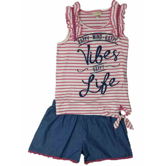 Girls Happy Vibes & Life Outfit Stripe Pink Shirt & Blue Chambray Shorts Set Med