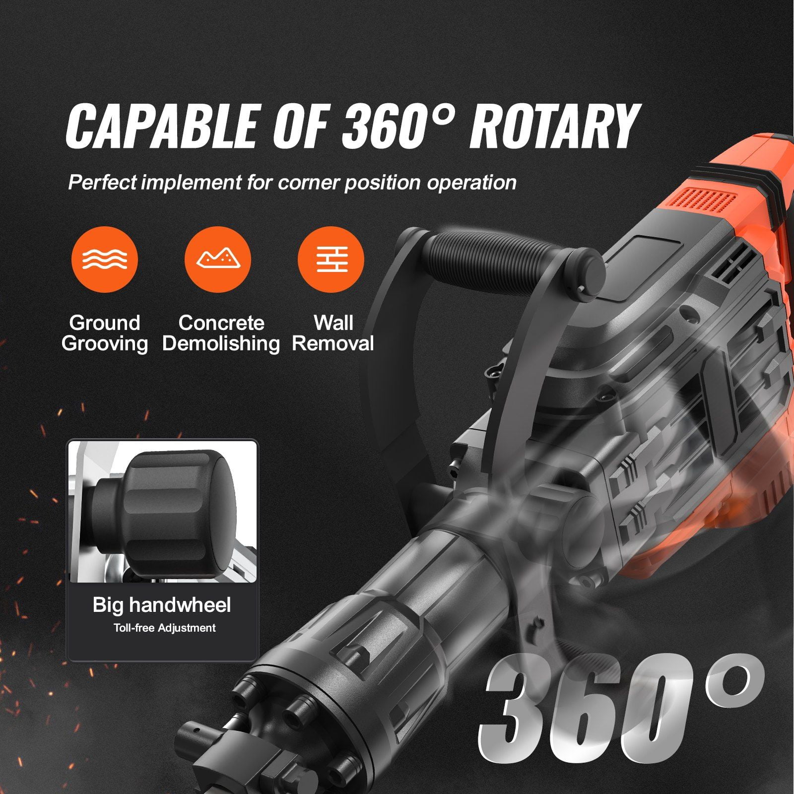 Demolition Jack Hammer, 3500W Jack Hammer Concrete Breaker, 2pcs Chisel with Gloves & 360 ° C Swiveling Front Handle for Trenching, 1900 BPM Heavy Duty Electric Jack Hammer, Black
