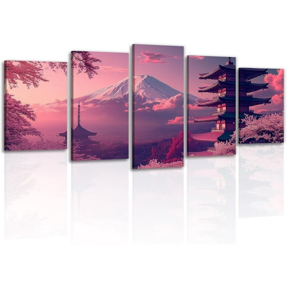 5 Pieces Japanese Canvas Wall Art Red and Black Mountain Building Landscape Painting Print Japan Traditional Artwork for Living Room Bedroom Home Wall Deco.,L-1