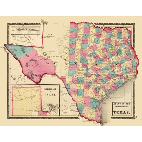 Historic State Map - Texas Northern - Walling 1872 - 29.71 x 23 - Vintage Wall Art