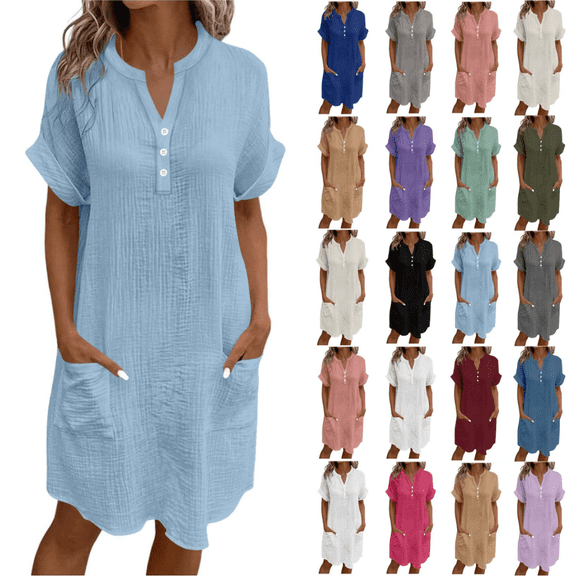 Horkkom Tshirt Dress Women Summer V Neck Short Sleeve Mini Dresses Solid Color Loose Casual Dresses with Pockets L