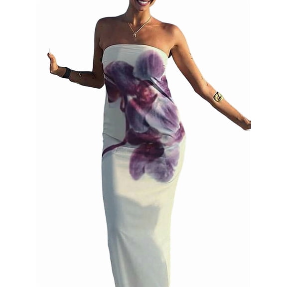 Women Y2k Strapless Maxi Dress Summer Backless Floral Long Tube Dress Off Shoulder Cocktail Party Dress M