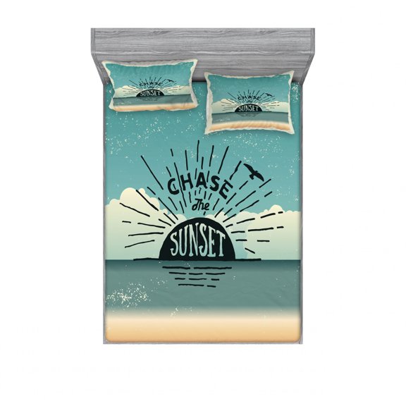 Saying Bedding Set with Sheet & Covers, Nautical Theme Hand-drawn Typography with Chase the Sunset Message and Flying Bird, Printed Bedroom Decor 2 Shams, 4 Sizes, Multicolor, by Ambesonne