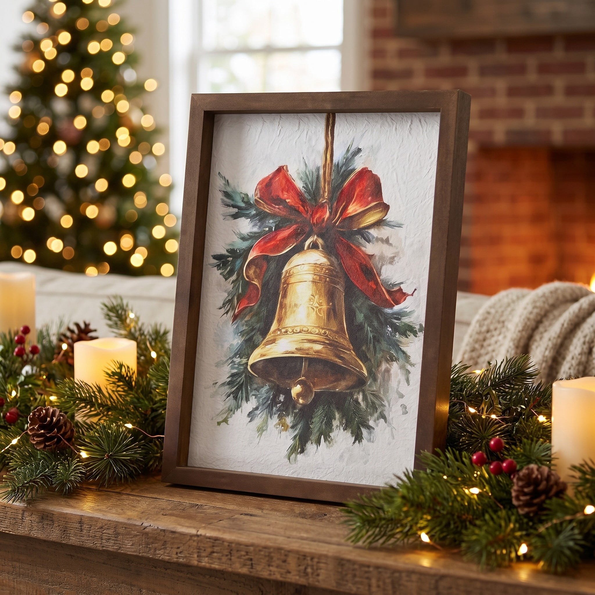 Bell with Ribbon Framed Christmas Wall Art, Multicolor, 9" x 12", by Holiday Time