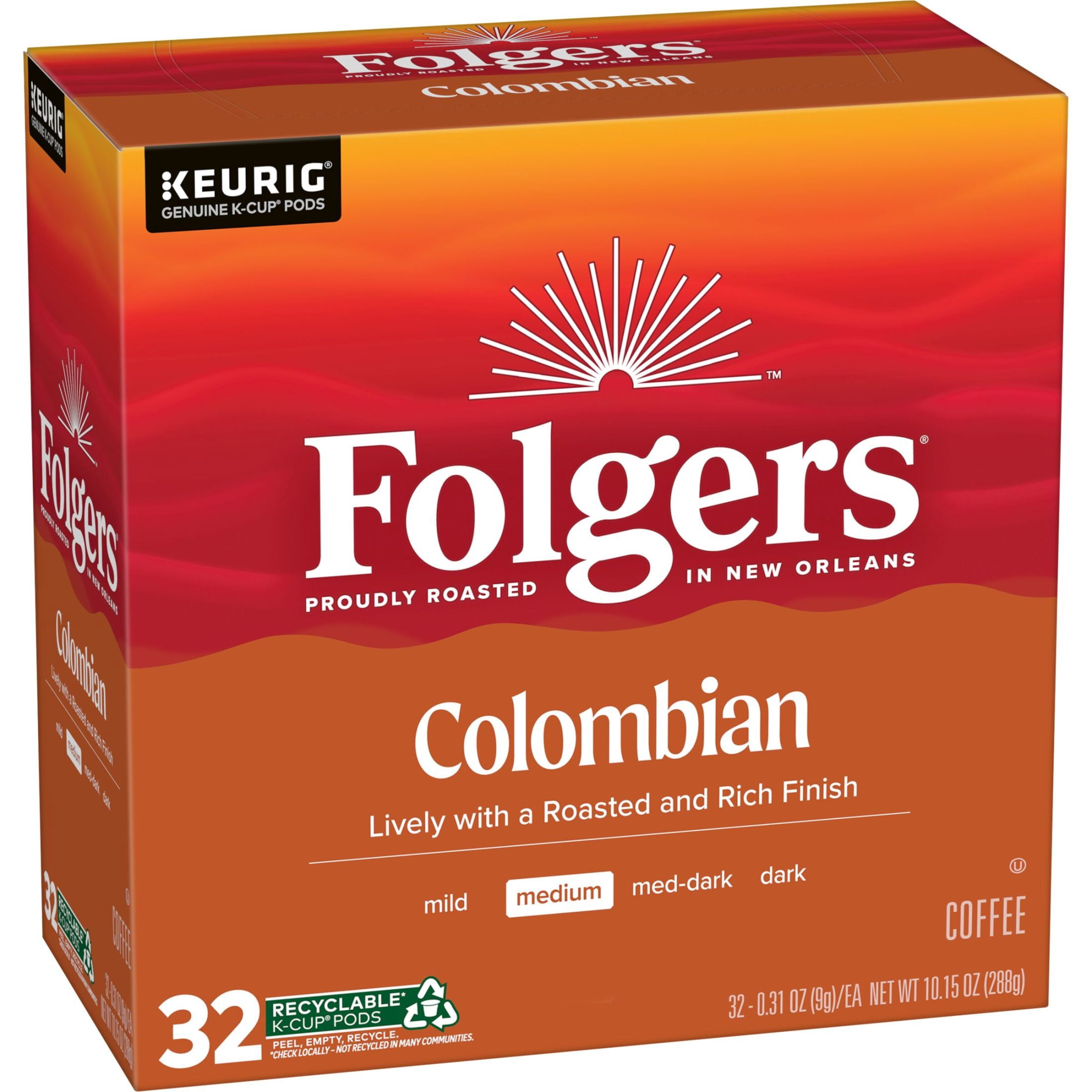 Folgers Colombian Coffee, Medium Roast, Keurig K Cup Pods, 32 Count Box