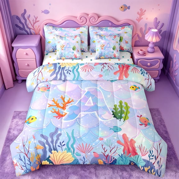 meiyoeat watercolor Sea Life Coral 7-Piece Twin Bedding,Ocean Initial A Bedding Comforter Set,Reversible