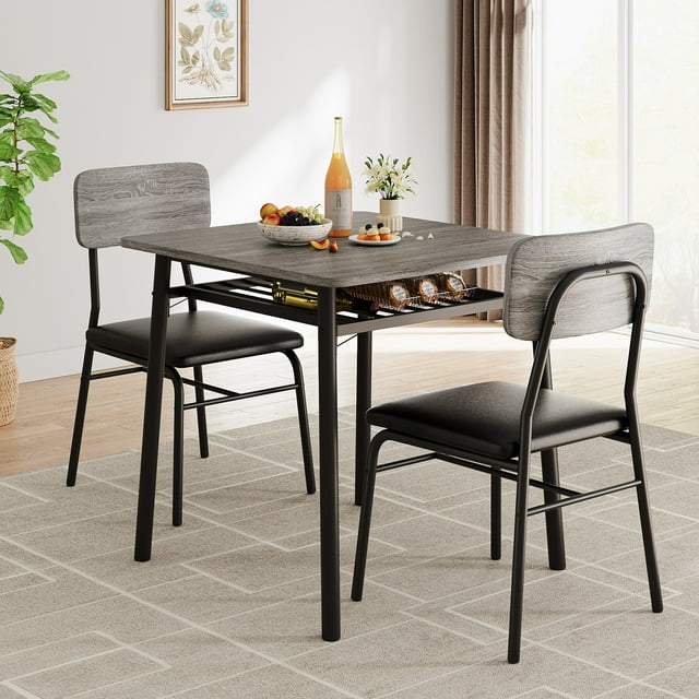 Kojooin 3-Piece Dining Table Set, Small Wood Kitchen Table with Upholstered Chairs and Storage Rack