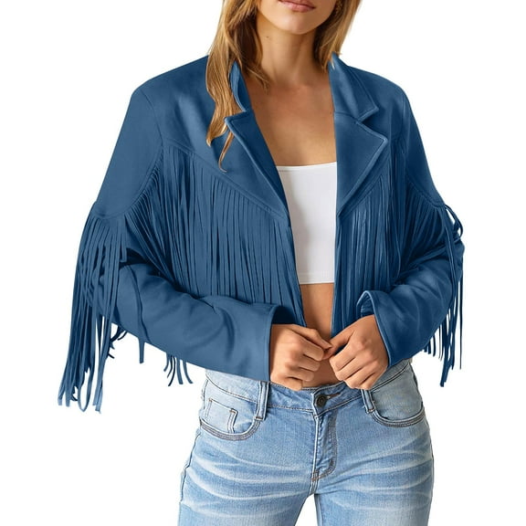 Wangmeiwg Women's Casual Jackets Cropped Fringe Motorcycle Coat with Tassel Detail for Modern Style Dark Blue XXL