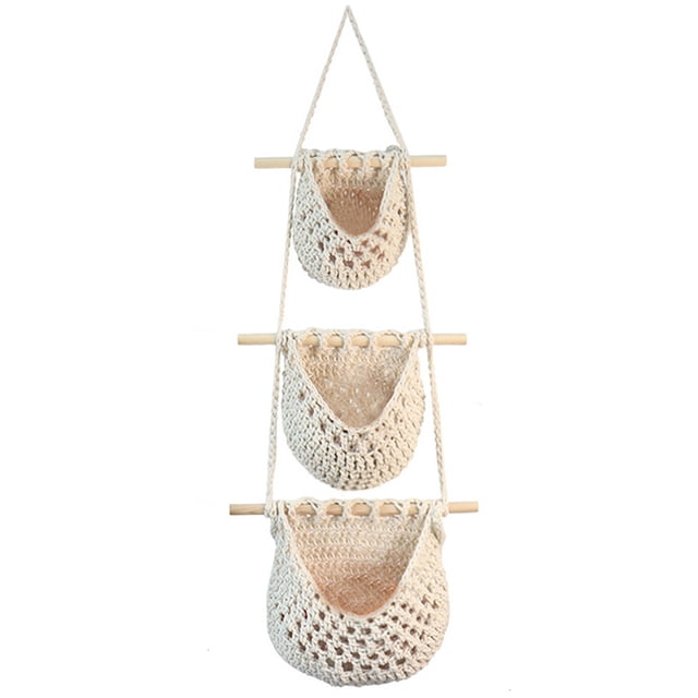 1Pack Bohemian Style Handmade Hanging Fruit Hammock Beige White Cotton Rope Jute Material Kitchen Organizer