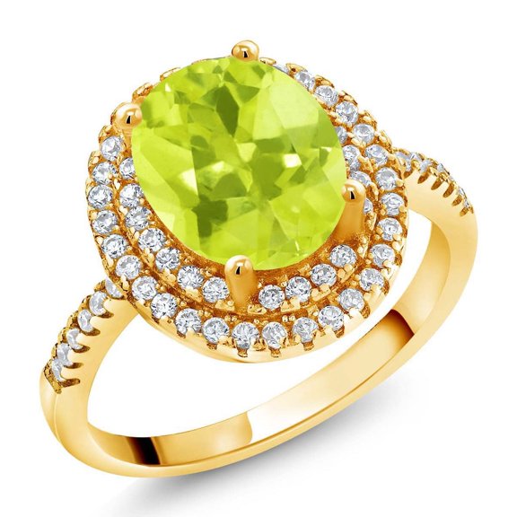 Gem Stone King 18K Yellow Gold Plated Silver Halo Engagement Ring Lemon Quartz Moissanite (2.08 Cttw)