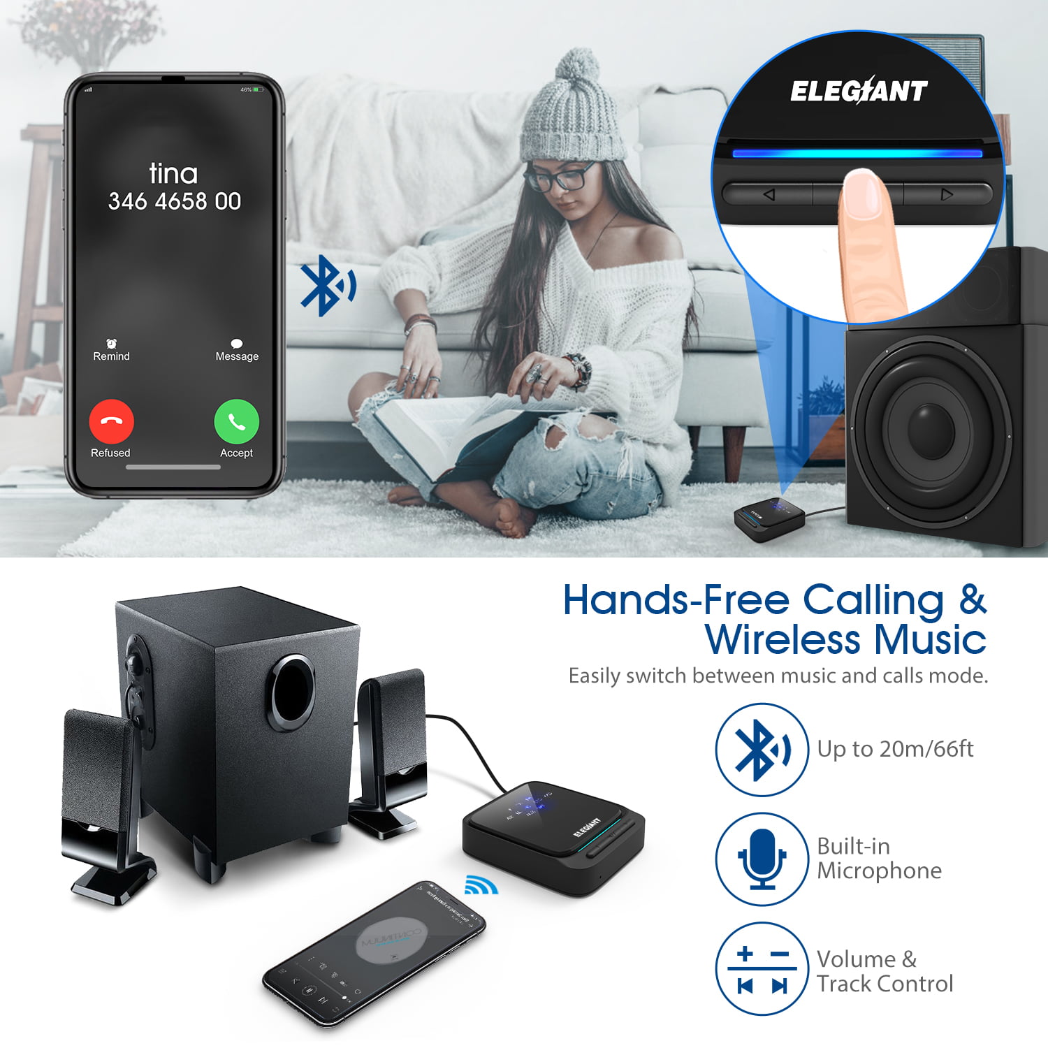 piloot Rond en rond noorden ELEGIANT Bluetooth 5.0 Transmitter Receiver for TV, 2-in-1 Wireless  Bluetooth Audio Adapter, 2 Devices Simultaneously, 3.5mm AUX RCA Stereo  Output, Low Latency for Car Home Sound System, Giftable - Walmart.com