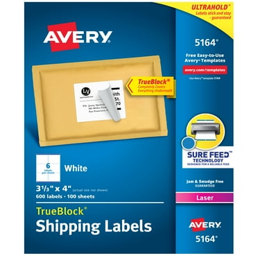 Avery Shipping Labels, 3-1/3" x 4", Paper, White, TrueBlock®, Laser, 600 Labels (5164)
