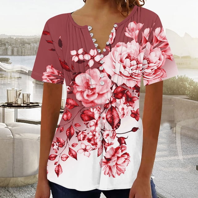 Fiudx Camisetas para Mujer Top Corto con Botones y Cuello En V Estampado para Mujer