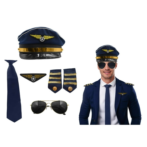Nicky Bigs Novelties Pilot Costume Men Accessories - Men's Airline Captain Accessories with Aviator Sunglasses, Epaulettes, Captain's Hat, Badge - for Halloween, Themed Parties, Blue Gold, One Size