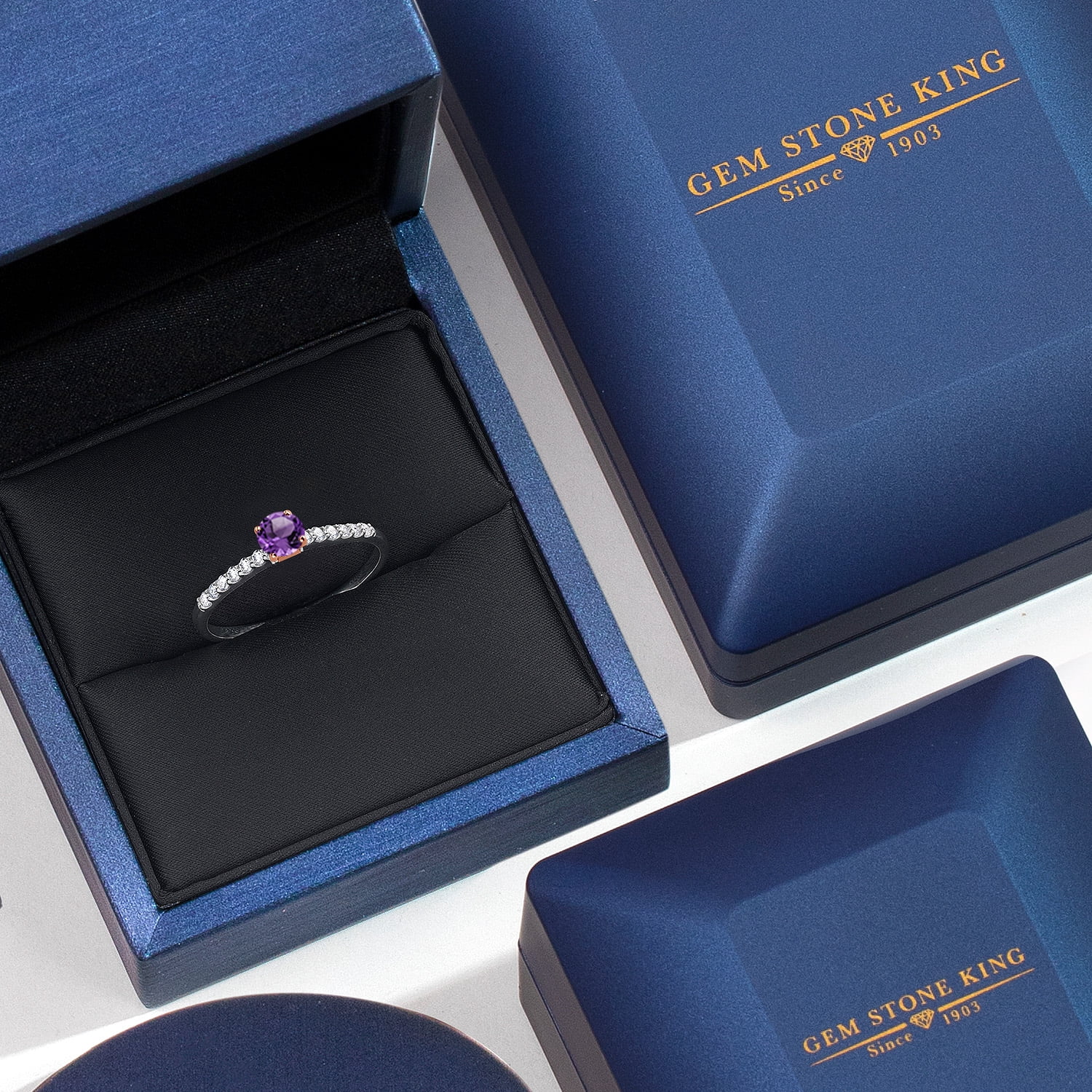 Gem Stone King 10K Two Tone Gold Purple Amethyst and Lab Grown Diamond Engagement Ring for Women | 0.43 Cttw | Round 4MM | Gemstone February Birthstone | Size 8
