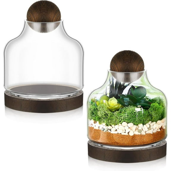 2 Pcs Large Glass Terrariums Jar for Plants with Wood Base Ball Lid Clear Container for Moss, Ferns, Fly Traps, Succulent, Fish Table Home Office Decoration, 7 Inch Height