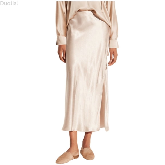 DuoJiaJ Women's Satin High Waisted Side Split Maxi Skirt Elastic Waistband Long Silk Skirts A-Line Skirts for Women Beige L