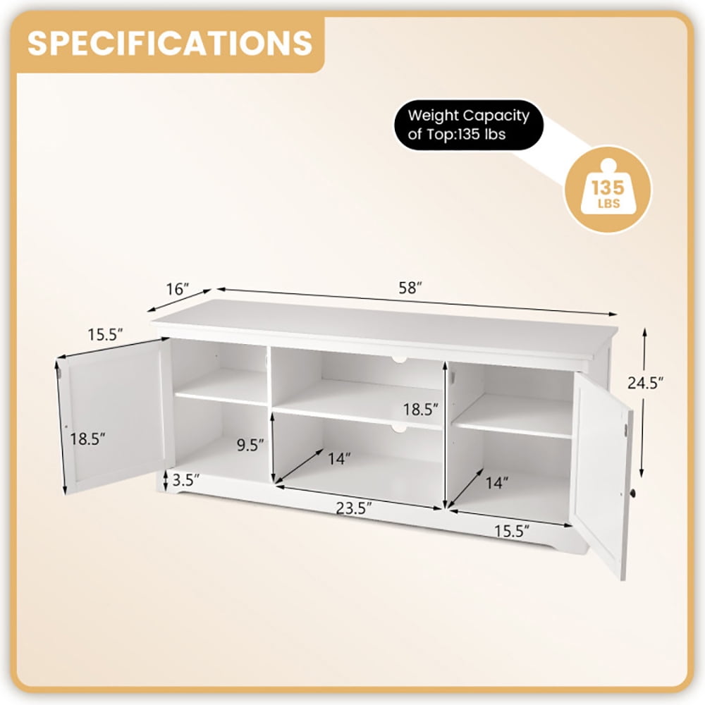 Finihen TV Stand, TV Cabinet, 58 Inch TV Stand with 2 Cabinets and Adjustable Shelves for TVs up to 65 Inch, for Living Room, Bedroom, White