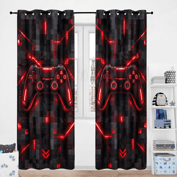 Voguly 100% Blackout Curtains, 30 x 36 in, Red Neon Gaming Controller, 2 Panels, Grommet Drapes