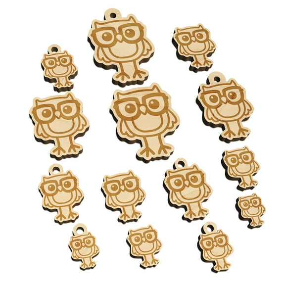 Owl Smart with Glasses Wood Mini Charms Shapes DIY Craft Jewelry - With Hole - Various Sizes (16pcs)
