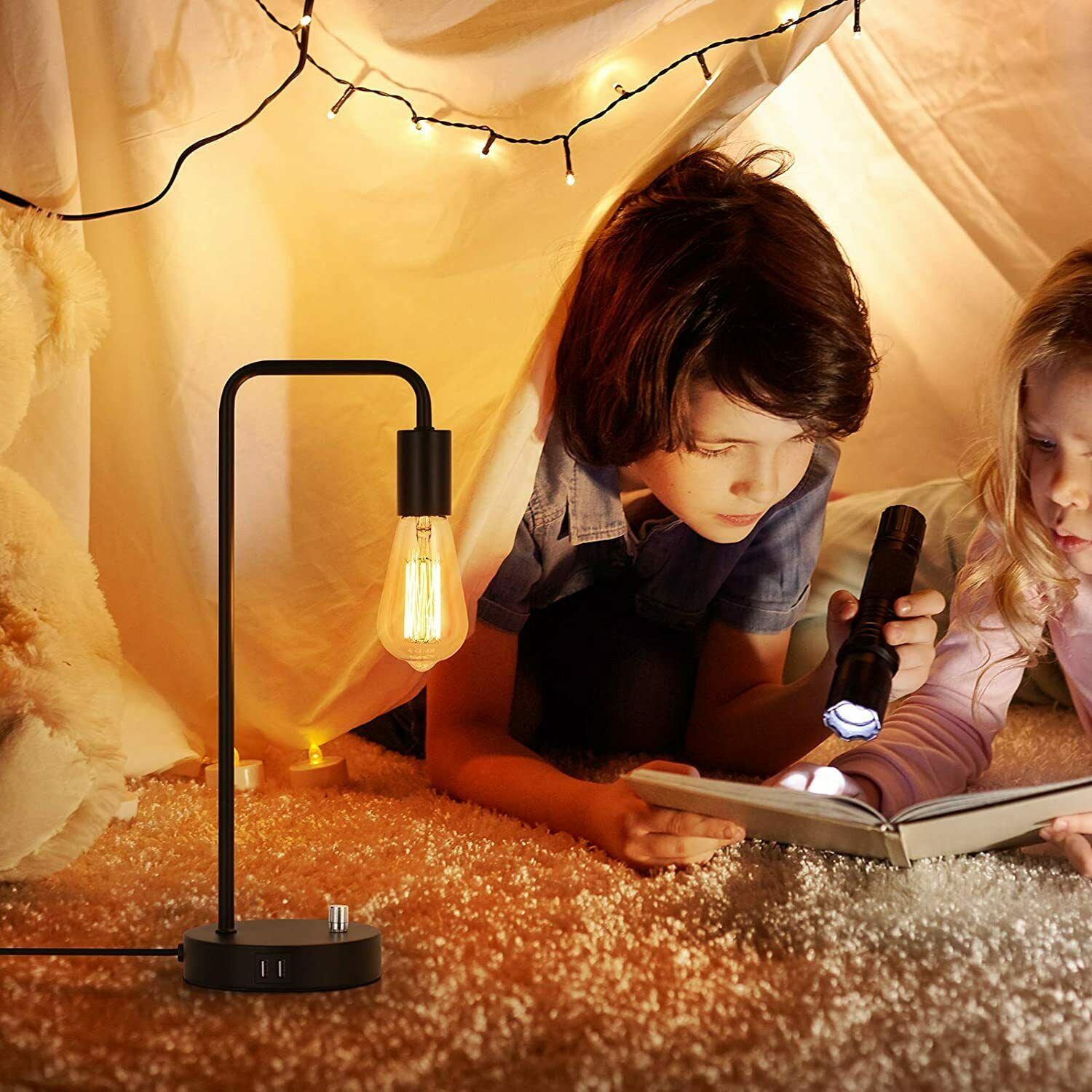 Industrial Bedside Table Lamp with 2 USB Charging Ports, Black