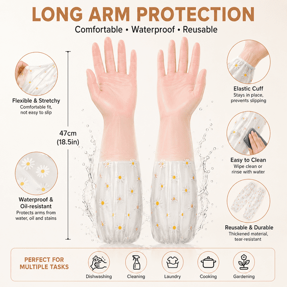Pink Waterproof Long Sleeve Cleaning Gloves, Heat-Resistant PVC Rubber Gloves, Extended Arm Design with Hanging Loop, Reusable Household Gloves for Dishwashing, Kitchen and Bathroom Cleaning