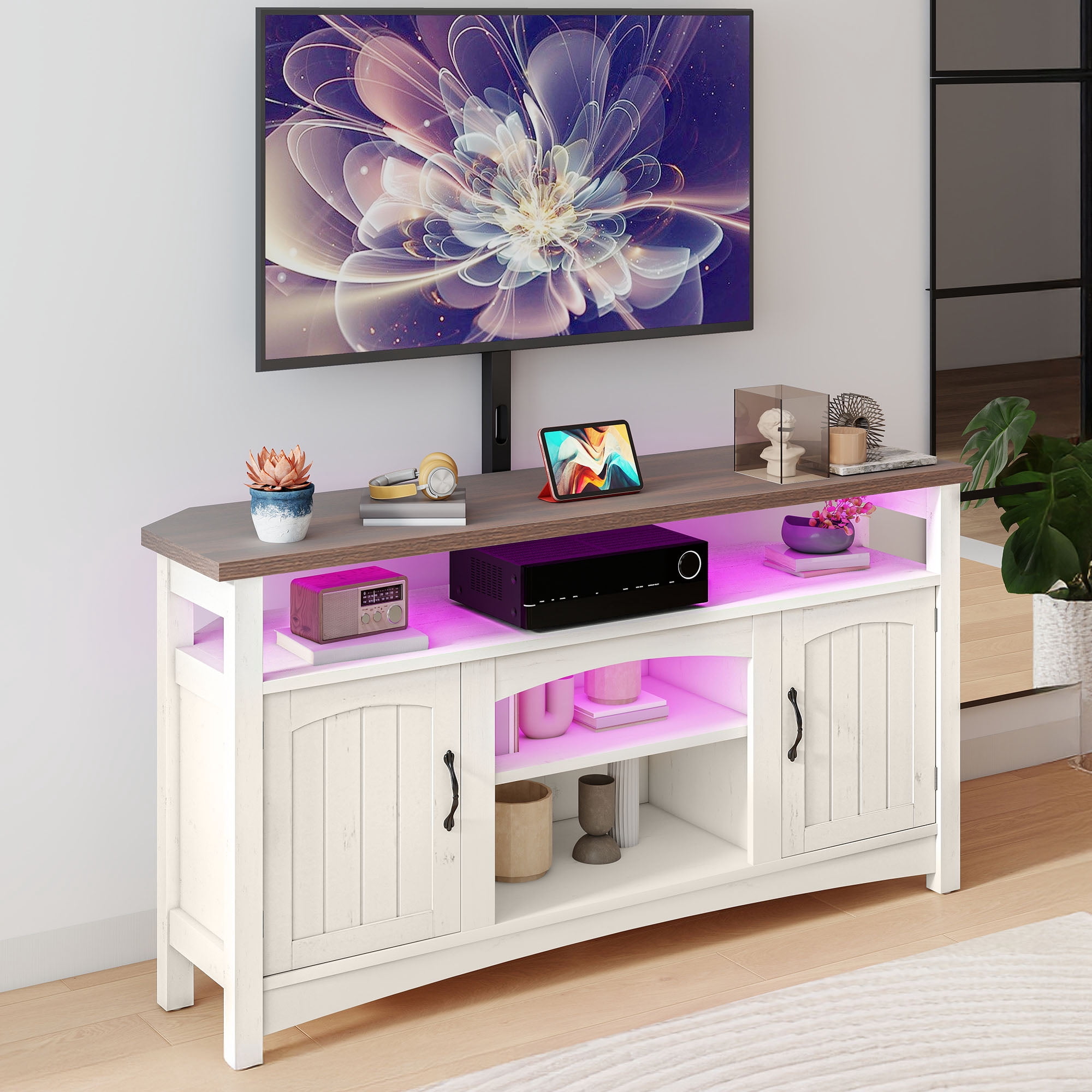 Craftian TV Stand with Mount & LED Lights, Farnhouse Entertainment Center with Power Hub for 70 Inch TV, Warm White