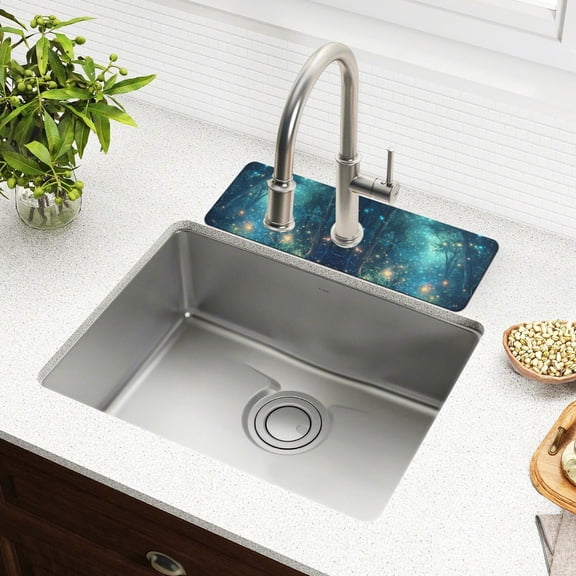Yayeee Faucet Mat for Kitchen Sink 14.7" Diatomite Long Splash Guard Pad, Magical Forest Glowing Lights