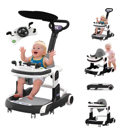 HENG Co. 5-in-1 Foldable Baby Walker with Foot Pads & Handles for Boys and Girls 6-24 Months, Black