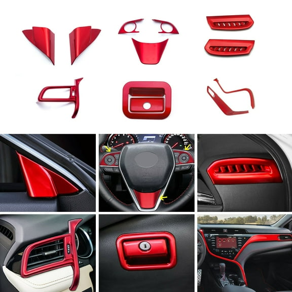 Xotic Tech Set Glossy Red Console Stripe Passenger Dash Panel Glove Box A-Pillar Side Left AC Air Vent Steering Wheel Accessories Cover Trim Combo Kit, Compatible with Toyota Camry 2018-2023