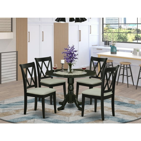 HomeStock Timeless Tradition 5Pc Dining Set Includes A Round Dinette Table With Drop Leaves And Four Double X Back Linen Seat Kitchen Chairs, Black Finish