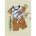 thumbnail image 3 of FEORJGP Toddler Baby Boy Summer Daily Outfits Infant 6M 1T 2T 3T 4T Short Sleeve T-Shirt Crew Neck Shirt Striped Print Tops + Pocket Drawstring Shorts Set Loose Casual 2Pcs Clothes, 3 of 9
