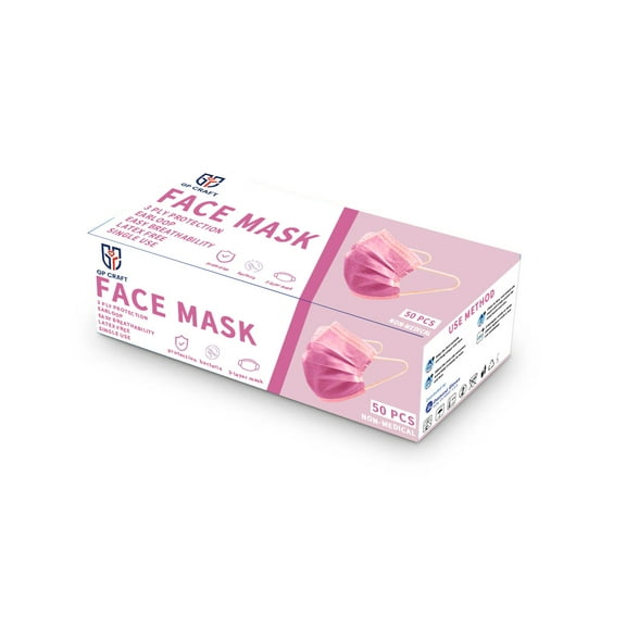GP Craft 50 pcs FACE MASK, 3 Ply Protective Barrier, Single Use, Disposable Earloop  Home, Travel, Office, School, Work, Outdoors
