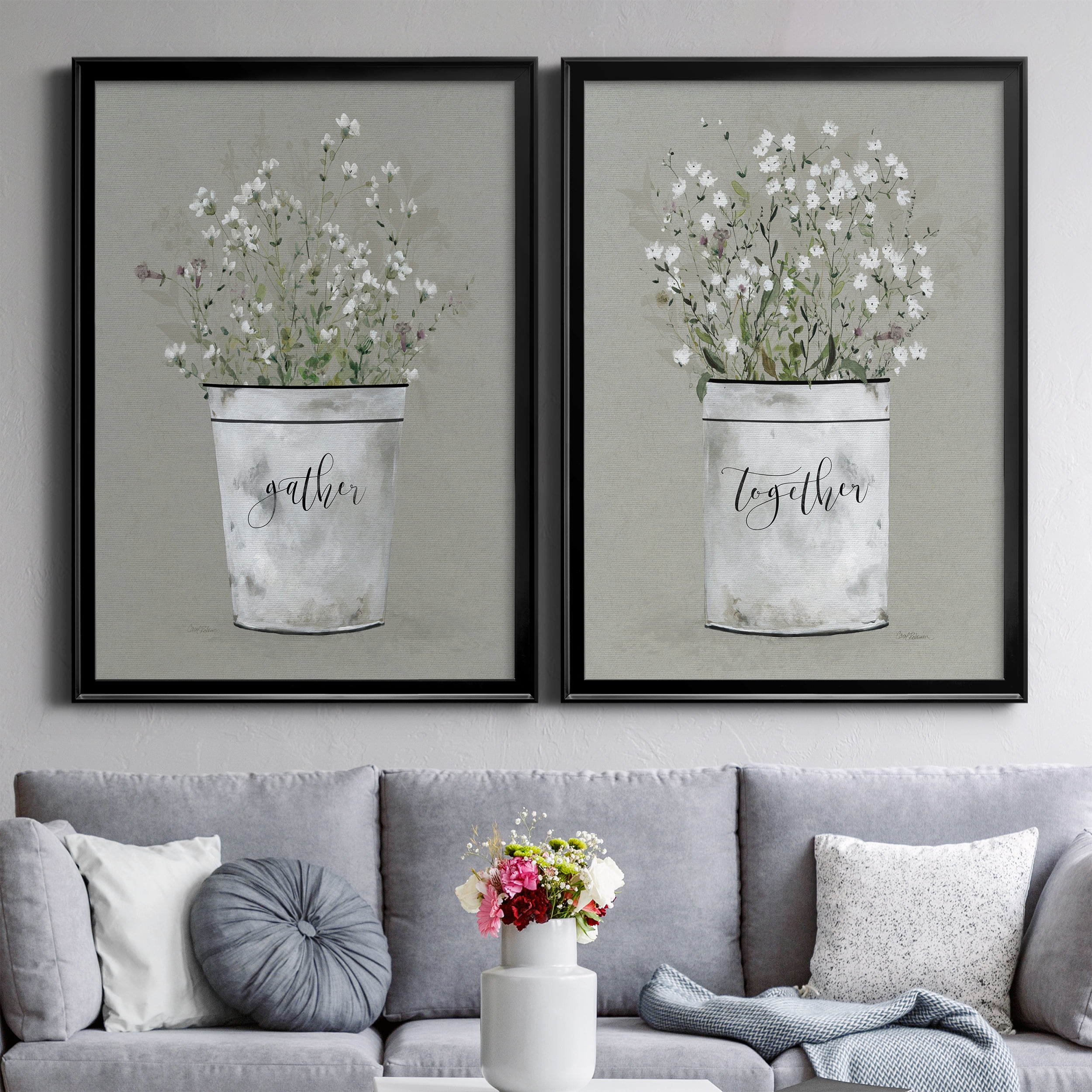 2 Piece Set Bouquet of Grace Bucket Gather Premium Framed Canvas - Ready to Hang - 26.5 x 36.5 Each - Black Frame
