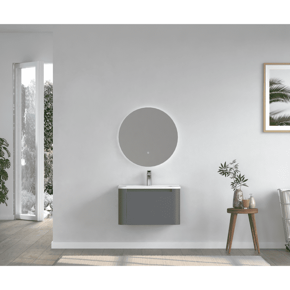 24 inch Wall Mounted Bathroom Vanity with Sink, Grey Floating Vanity Cabinet with White Ceramic Integrated Basin, Soft Close Drawer, Waterproof Plywood Construction