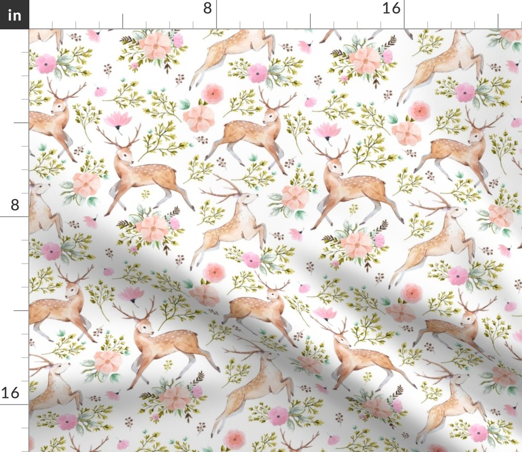 Woodland Floral Sweet Baby Girl Nursery Animal Fabric Printed by