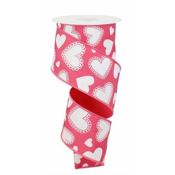 Pink and White Scallop Valentine Hearts Wired Ribbon 2.5" X 10Yd