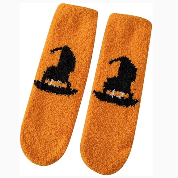 FUNUONY Women's Warm Super Soft Winter Fluffy Halloween Pumpkin Bat Crew Socks Plush Slipper Sock Casual Home Sleeping Fuzzy Cozy Sock Pumpkin Bat Cute Printed Halloween Socks Orange One Size