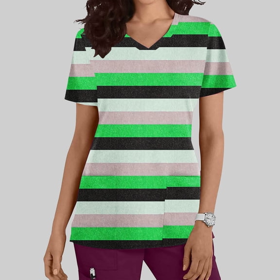 Kctiaxy Scrub Tops Summer Casual Short Sleeve Scrub Tops Women Fashionable Striped Printed Graphic V Neck T Shirts with Double Pockets