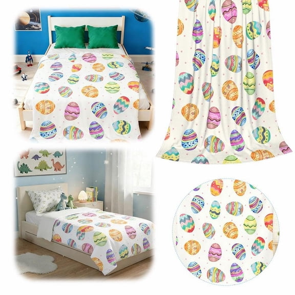 Goowood Easter Throw Blanket Happy Easter Egg Pattern Kids Blanket Holiday Eggs Lightweight Spring Room Decor for Boys Toddlers Bunny