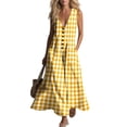 thumbnail image 4 of Makaor Linen Dresses for Women Casual Summer A Line Button Maxi Dresses Plus Size Sleeveless Dress Gingham V Neck Beach Vacation Clothes with Pockets Yellow L, 4 of 7