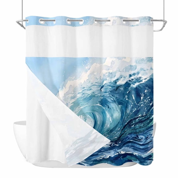 No Hook Ocean Waves Shower Curtain with Snap in Liner Set, Summer Nautical Coastal Seawater Blue Waterproof Fabric Bathroom Curtains with See Through Top Window, Hotel Style Modern 66 x 72 Inch