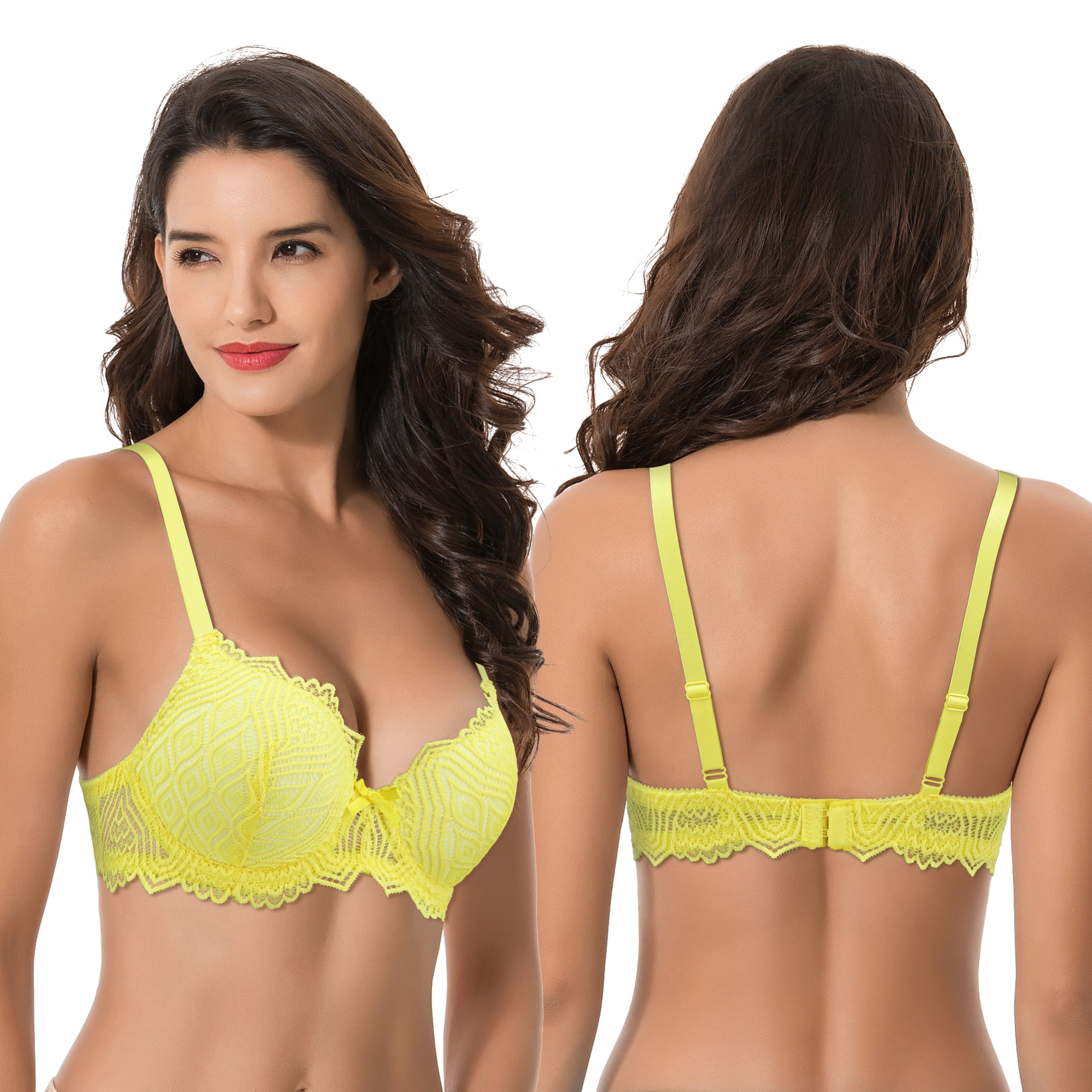 Curve Muse Women's Plus Size Push Up Add 1 Cup Underwire Perfect Shape Lace  Bras-2Pk-Navy,Yellow-32DDD 