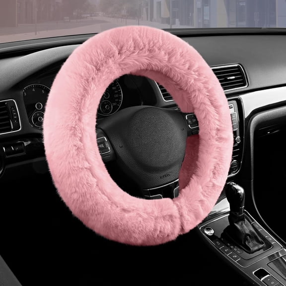 Road Comforts Steering Wheel Cover, Fluffy Car Wheel Covers for Women/Girls/Ladies,Soft Wool Fur Steering Wheel Protector, Universal 14 1/2 inches to 15 inches - Pink